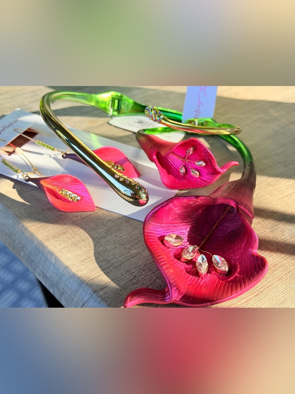 Sets-Betsy Johnson Calla Lily Pink & Green Floral Necklace with Crystal Accents